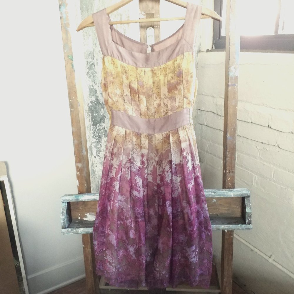 ANNA SUI Anthropologie Silk Pleated Yellow Purple Watercolor Dress, Size 4